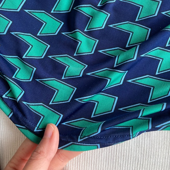 Onjenu London Stretchy Draped Geometric Pattern Blue Green Faux Wrap Dress Sz 10 - Picture 6 of 6